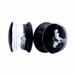 Double Flared Plugs with Black and White Calla Lily Design, ideal for ear stretching and made from borosilicate glass (Pyrex).