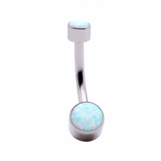 White opal titanium navel piercing with internal threading and bezel-set gemstone
