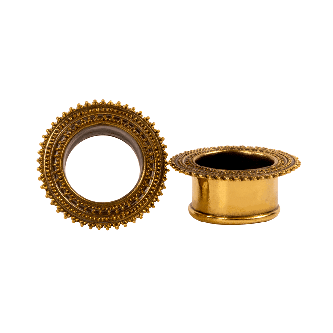 Pair of bronze expanders with intricate detailing, offering elegant and unique options for piercing jewelry by Eldi Jewelry.